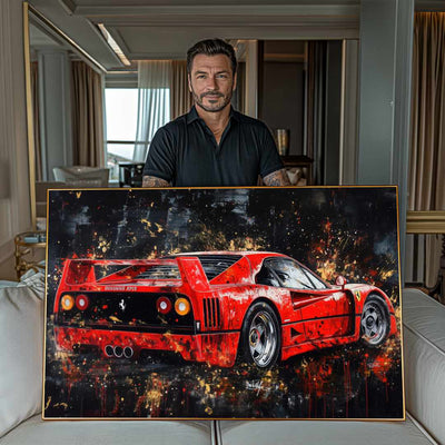stampa su tela moderna ferrari f40 mostrata da uomo